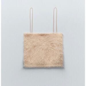 Zara Pink Fuzzy Cropped Camisole Crop Top Spaghetti Straps Eyelash Knit Sz Large